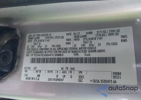 2017 Ford F-150 Lariat z USA, uszkodzony, nr VIN 1FTEW1EG0HFC35863